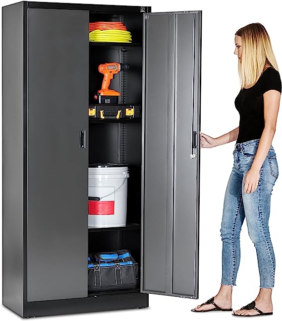 71" Fedmax Locking Metal Garage Storage Cabinet (Black w/ Silver Doors)