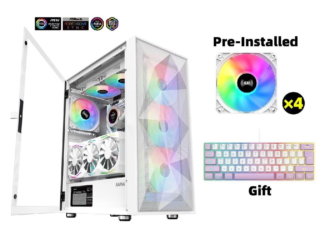 SAMA 3509 Open Door Tempered Glass ATX Mid Tower Gaming Computer Case w/ 4 Fans & Keyboard (White) $55 + Free Shipping