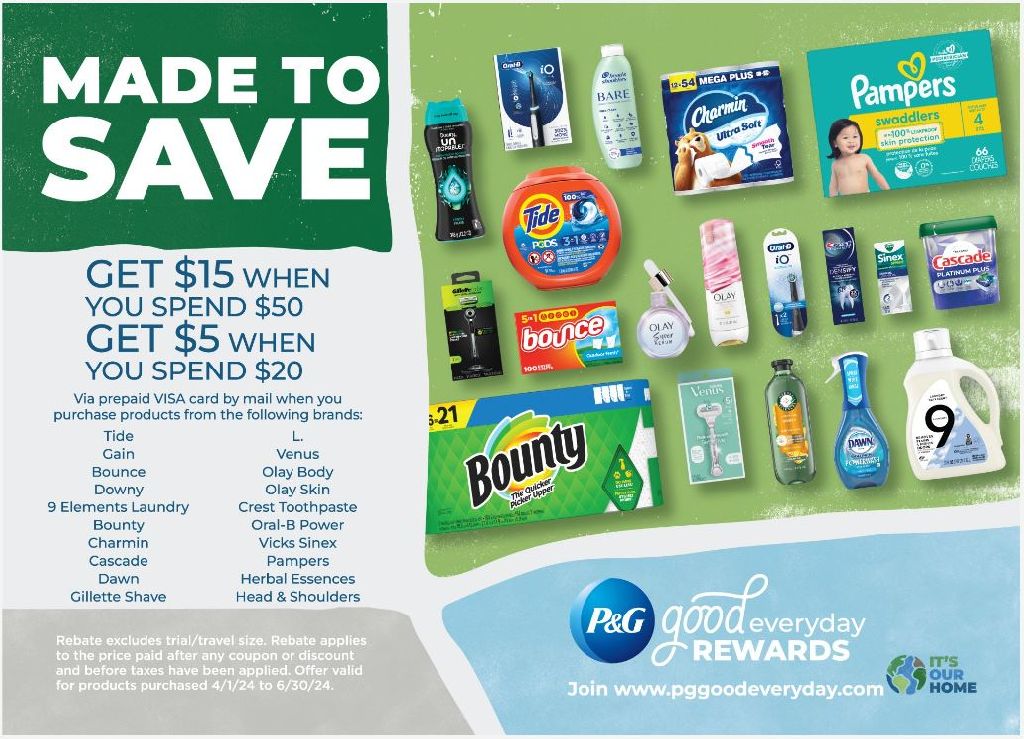Procter & Gamble Rebate: Spend $50 Get $15 or Spend $20 and $5 prepaid card on Select Products (Tide, Charmin)