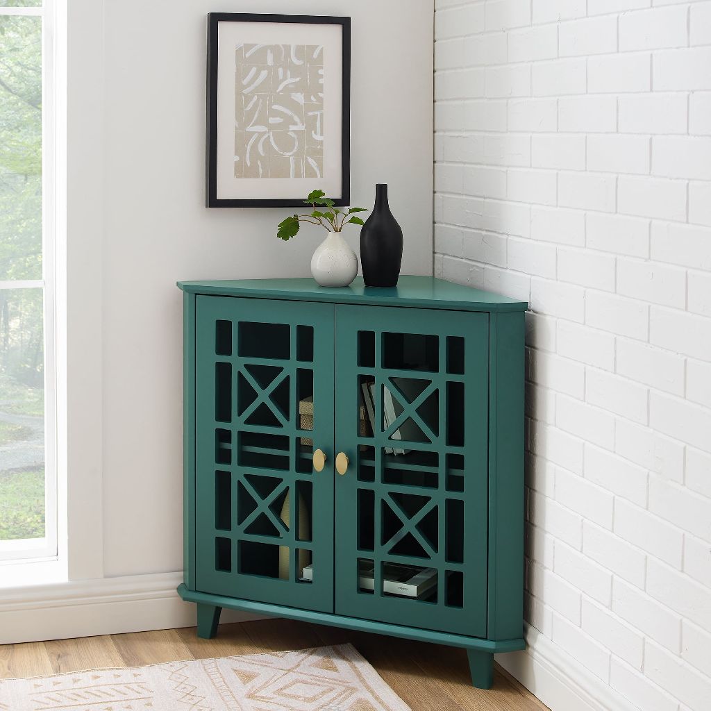Walker Edison Transitional Fretwork Doors Corner Accent Cabinet, Dark Teal $128.70 + Free Shipping