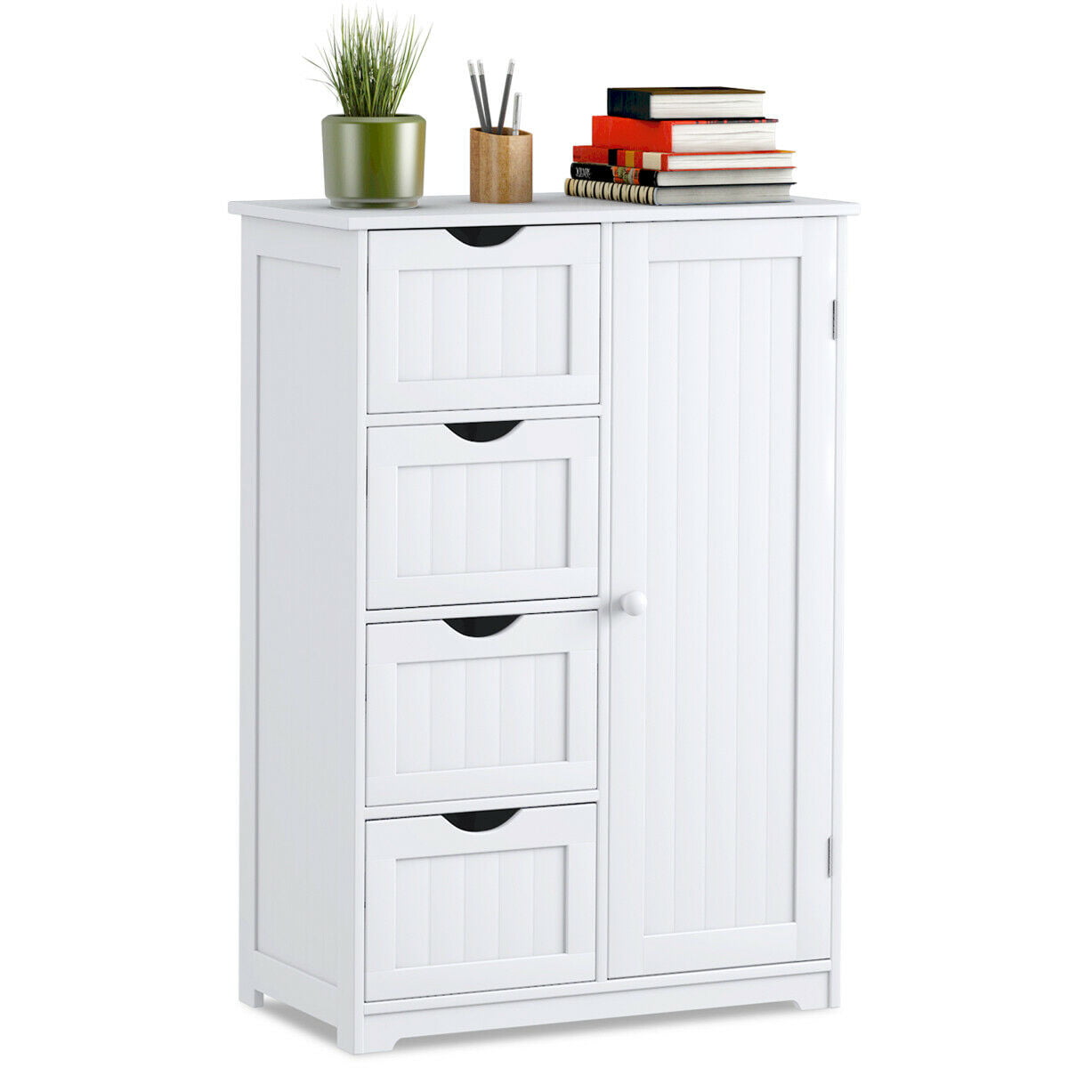 4-Drawer Costway Wooden Bathroom Cabinet Storage Cupboard w/ 2 Shelves (White)