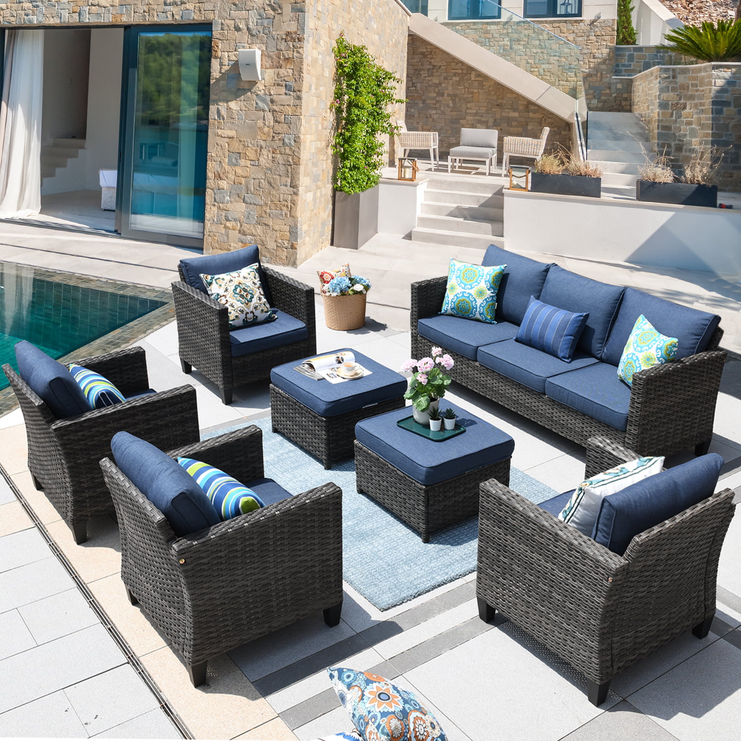 Ovios 7 Pieces Patio Furniture Outdoor Wicker Sectional Sofa All Weather Modular Conversation with 3.54" Cushions for Backyard