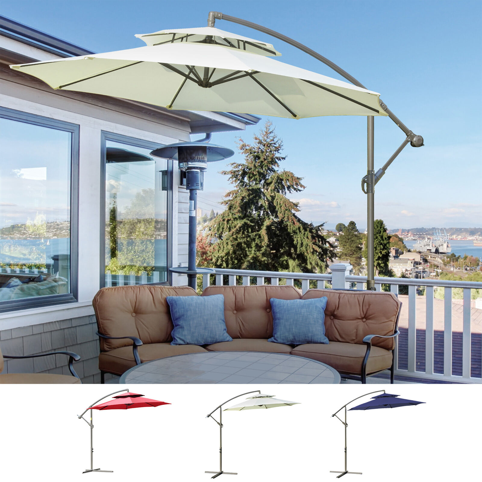 9' Outdoor Cantilever Umbrella Parasol w/ 2-Tier Canopy & Crank Handle