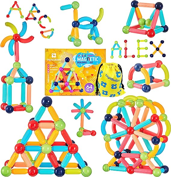 BrainSpark 64PCS DigitBuilders, Fun & Educational Magnetic Building Sticks and Balls for Kids STEM Learning, Montessori Preschool Toys