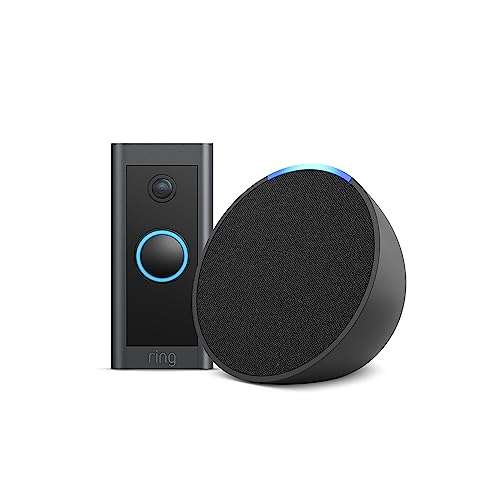 Package - Ring - Wi-Fi Video Doorbell - Wired - Black and Amazon - Echo Pop (1st Generation) Smart Speaker with Alexa