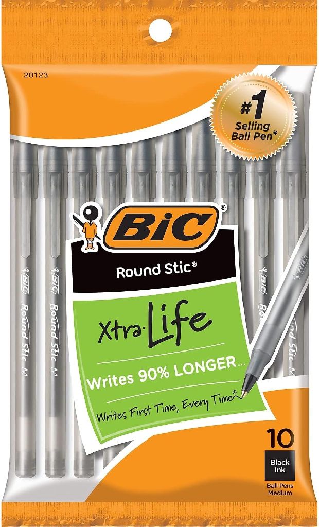 10-Count BIC Round Stic Xtra Life Medium Point Ball Pen (Black or Blue, 1.0mm) $0.84 w/ S&S + Free Shipping w/ Prime or on orders over $35