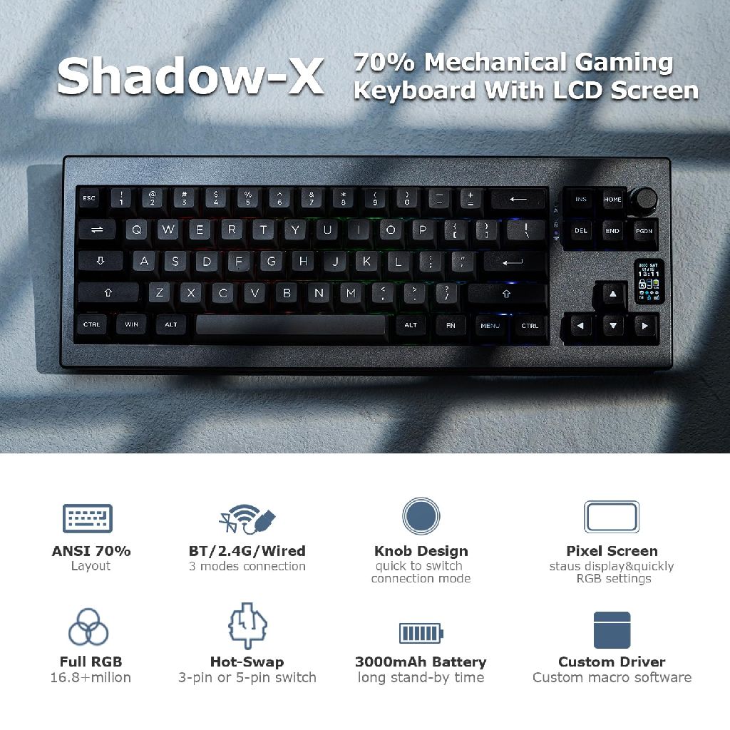50% OFF EPOMAKER Shadow-X Gasket Mechanical Keyboard, USB-C Wired Wireless Gaming Keyboard with Screen (Black, Flamingo Switch) $42.99