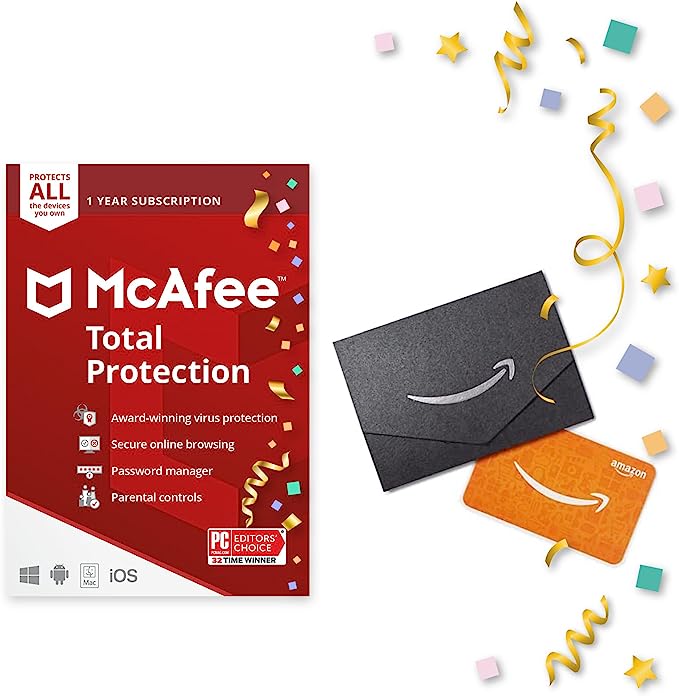 McAfee Total Protection | Unlimited Devices | 1 Year Subscription | Key Card + $10 Amazon Gift Card
