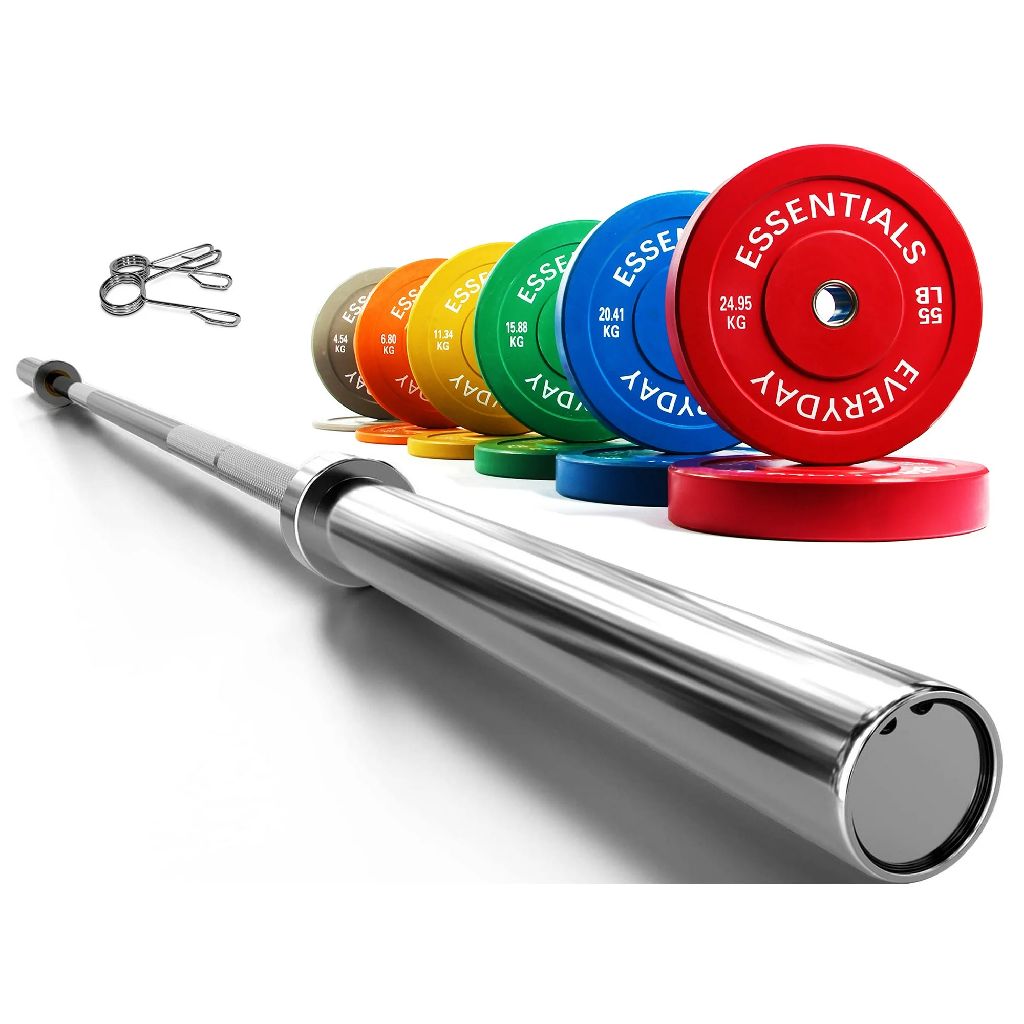 370-Lb BalanceFrom Colored Olympic Bumper Plate Weight Plate with Steel Hub Set + 7" 45-Lb Olympic Black Zinc Plated Barbell (700-Lb Capacit