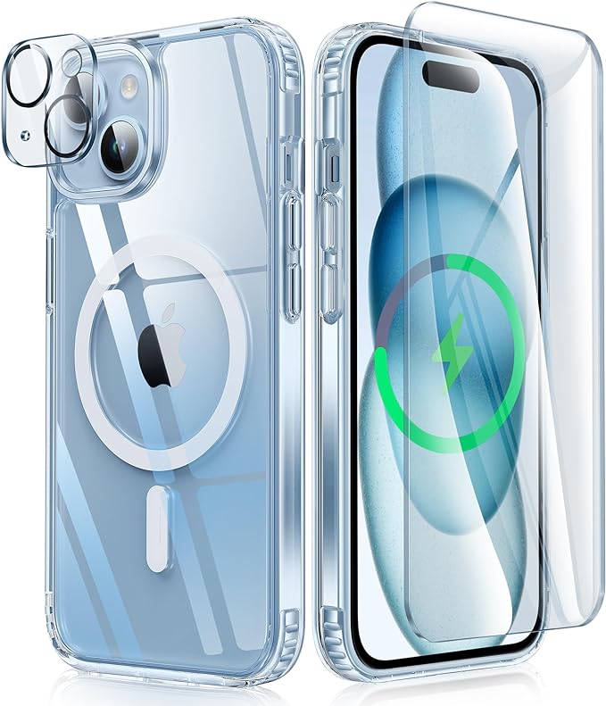 FNTCASE MagSafe iPhone 15 Clear Bumper Case w/ TG Screen & Camera Protector