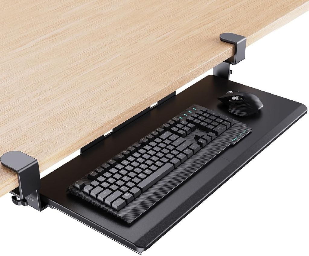 Prime Members: 26.5″W x 11.8″D HUANUO Slide Out Under Desk Keyboard Tray w/ C-Clamp Hardware (Black) $24.74 + Free Shipping
