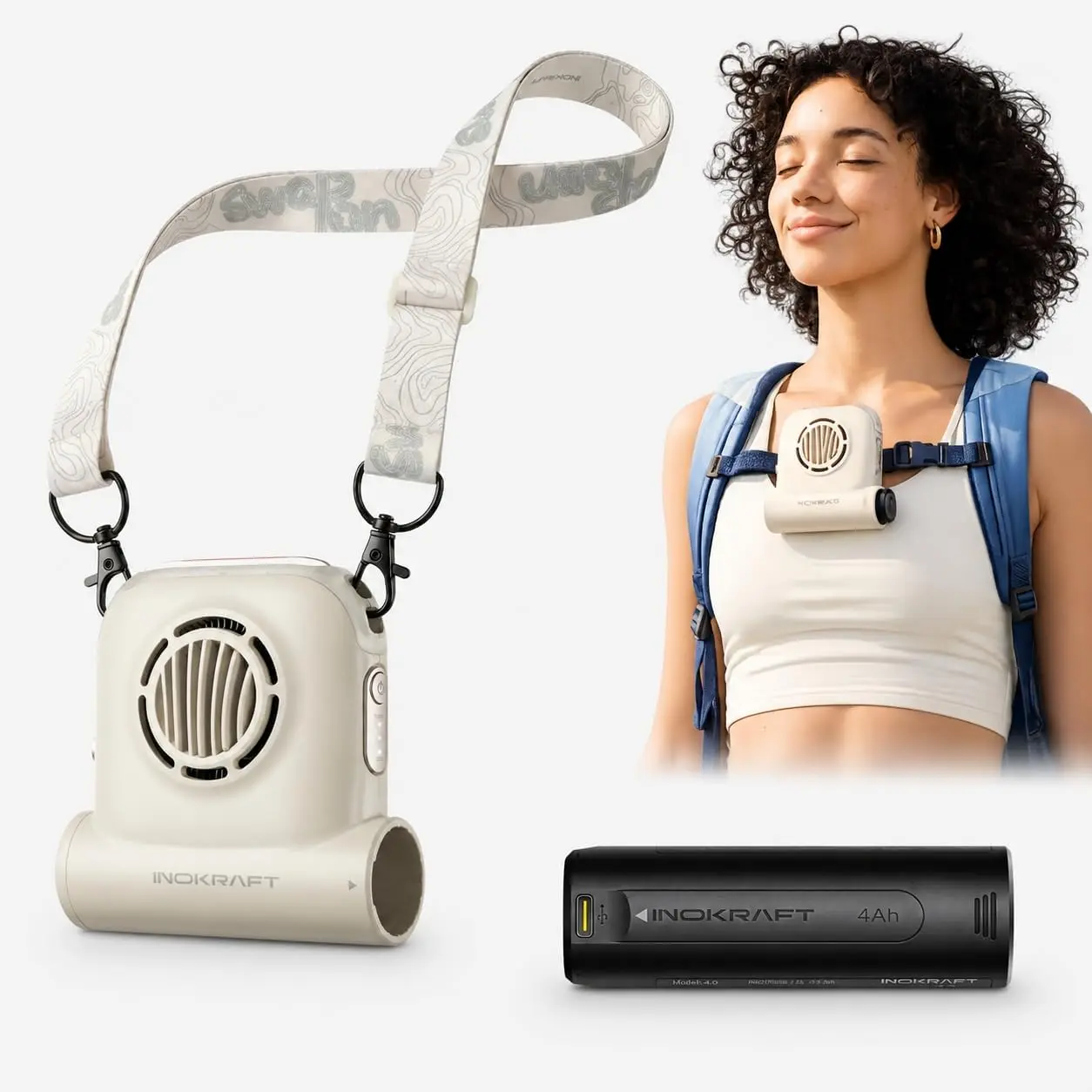 InoKraft Portable Fan Rechargeable for Hiking & Camping, Clip-On Waist Fan with Swappable 4Ah Rechargeable Battery