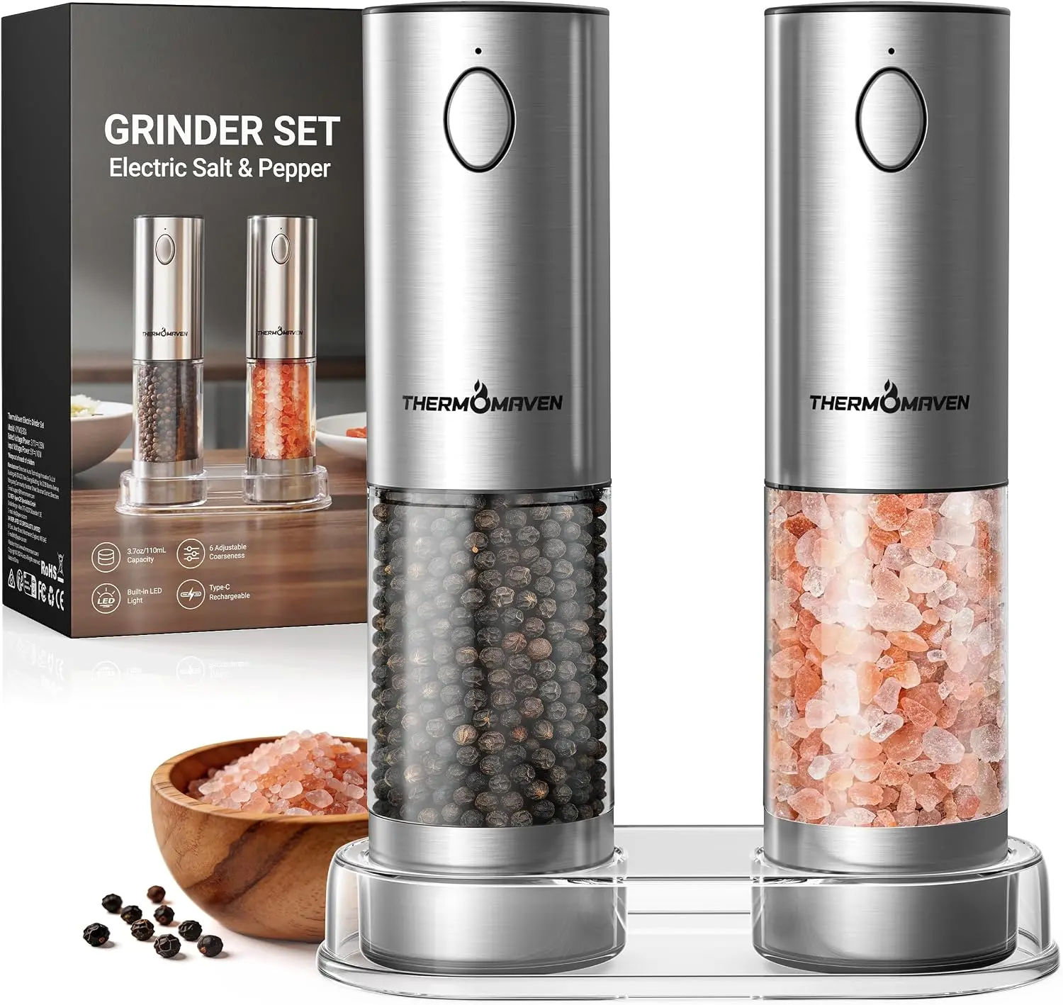 110ml ThermoMaven Rechargeable Salt & Pepper Grinder Set