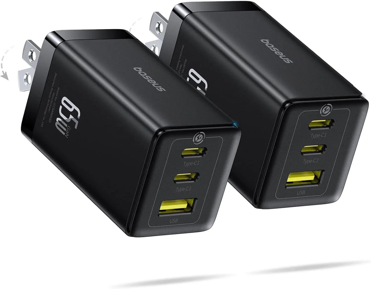 2-Pk Baseus 3-Port Up to 65W USB-C Foldable Wall Charger Blocks