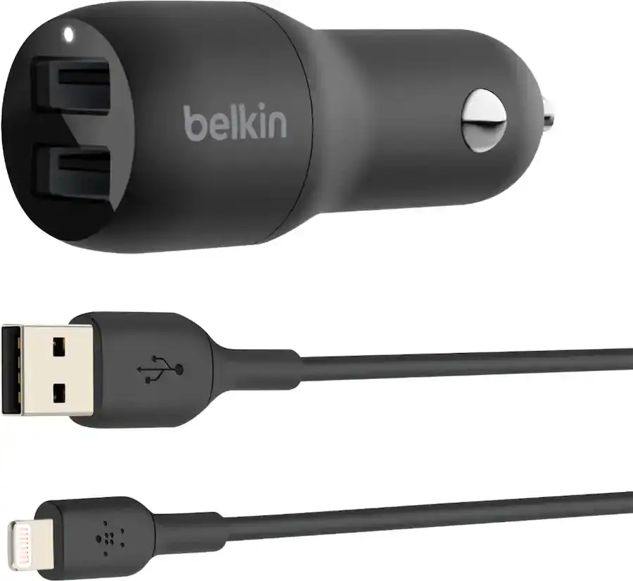 Belkin BoostCharge 24W Dual USB-A Car Charger w/ 3' Lightning/USB-A Cable