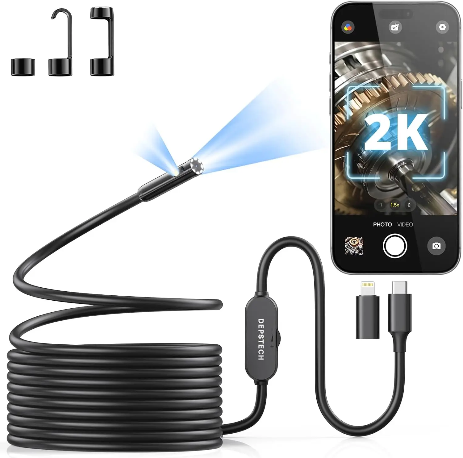 DEPSTECH 2K Dual-Lens Endoscope Camera w/ Light, 7.9mm Probe & 16.5' Cable
