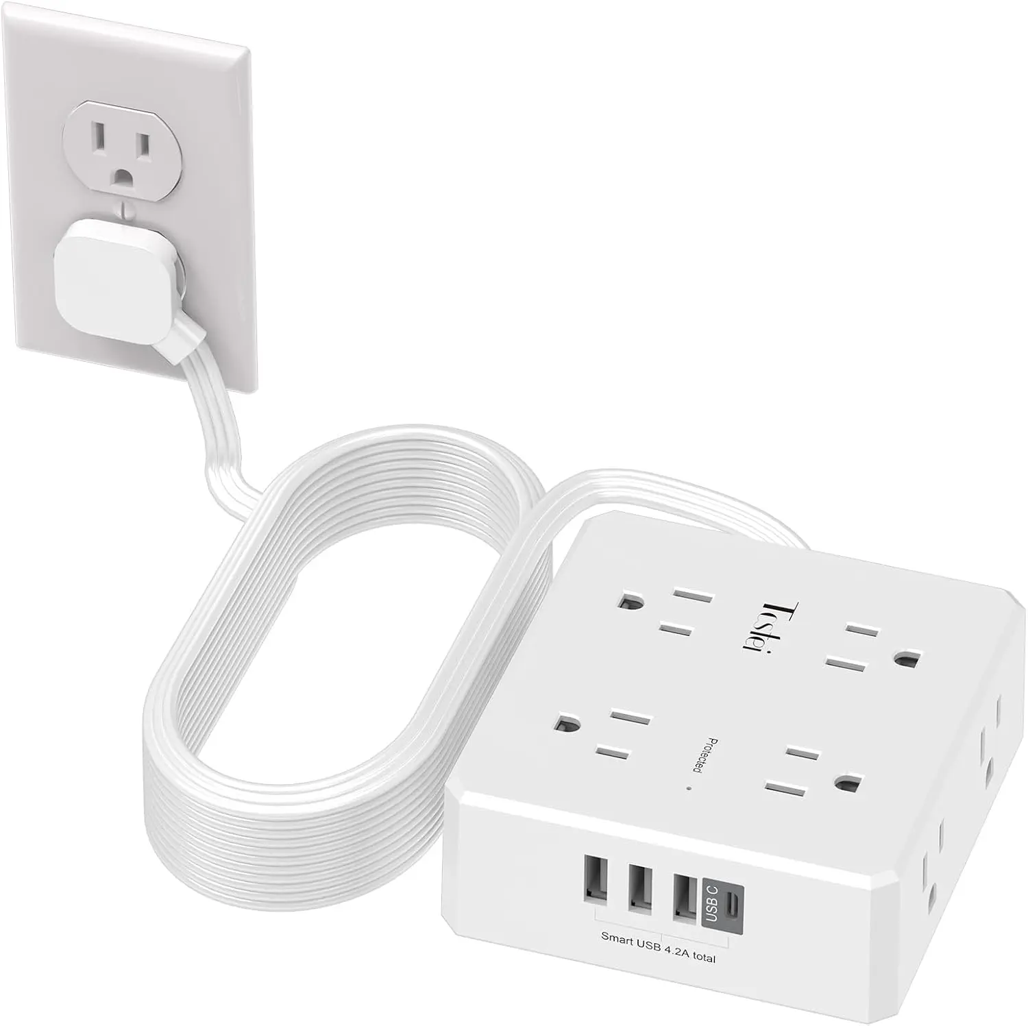 20' Tcstei 8-Outlet & 4-USB Power Strip Surge Protector w/ 3-Sided Design & Flat Plug