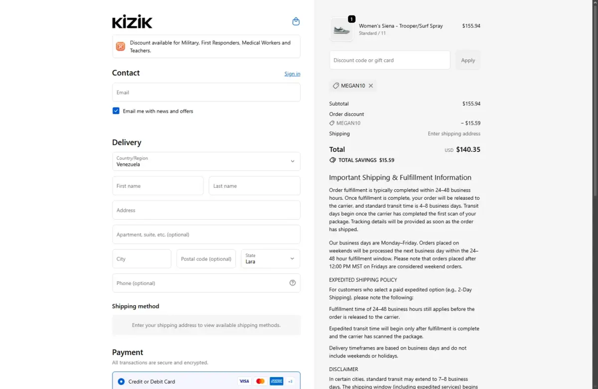 MEGAN10 coupon verification screenshot