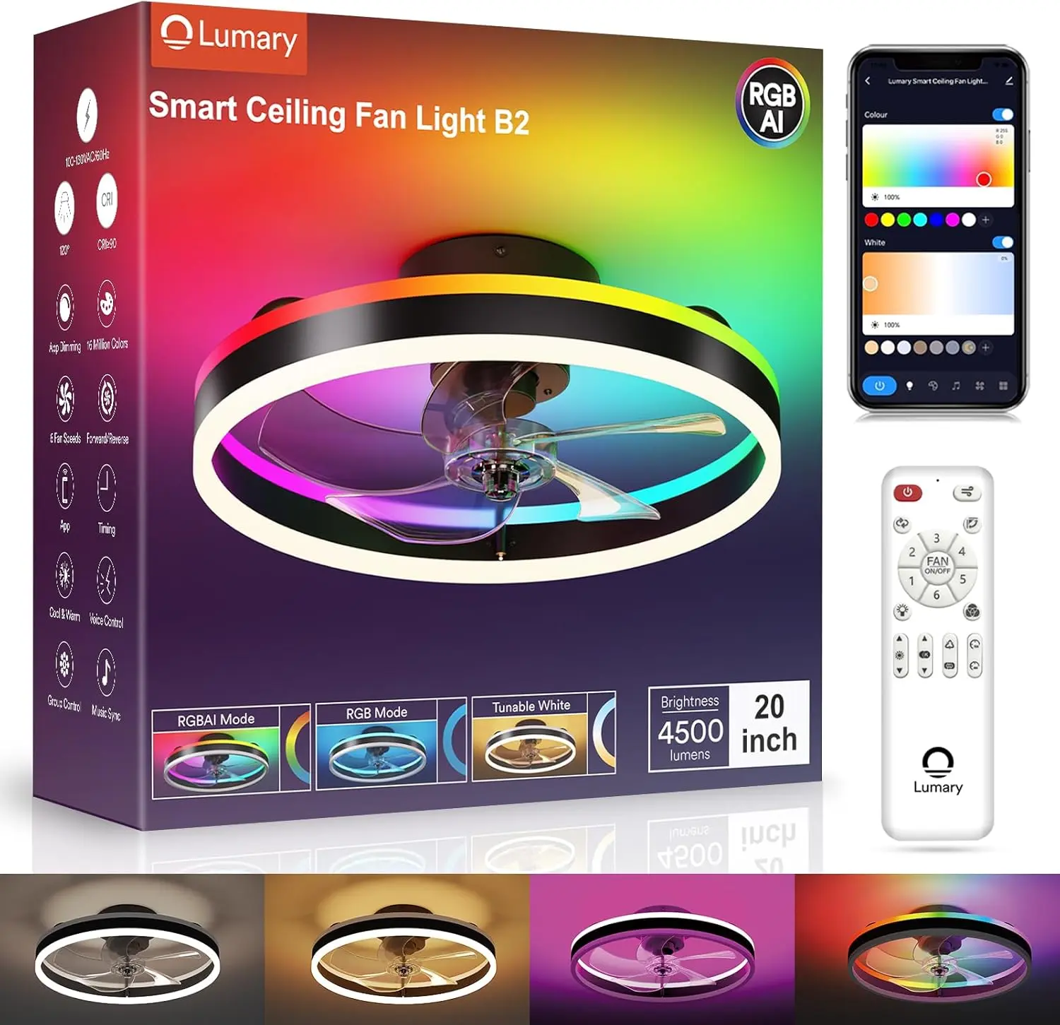 Lumary 20" Smart Wi-Fi Flush Mount Ceiling Fan w/ 4500Lm 2700K/6500K LED Light