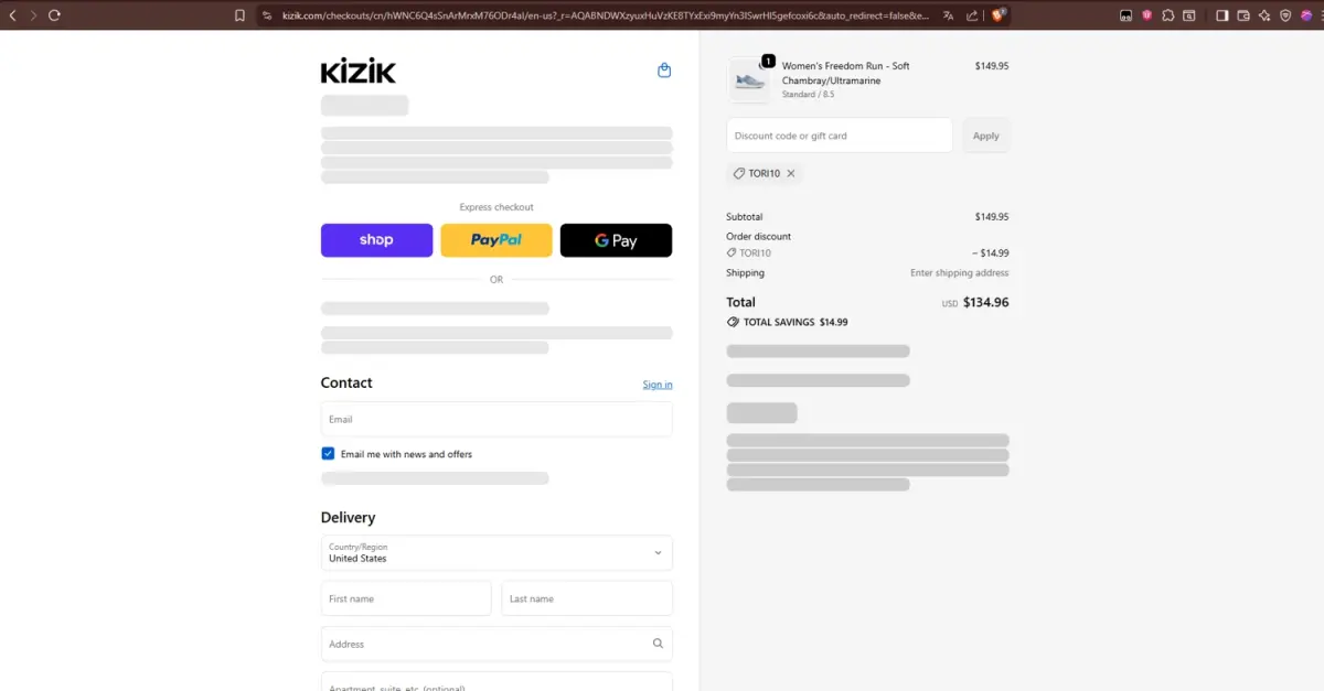 TORI10 coupon verification screenshot