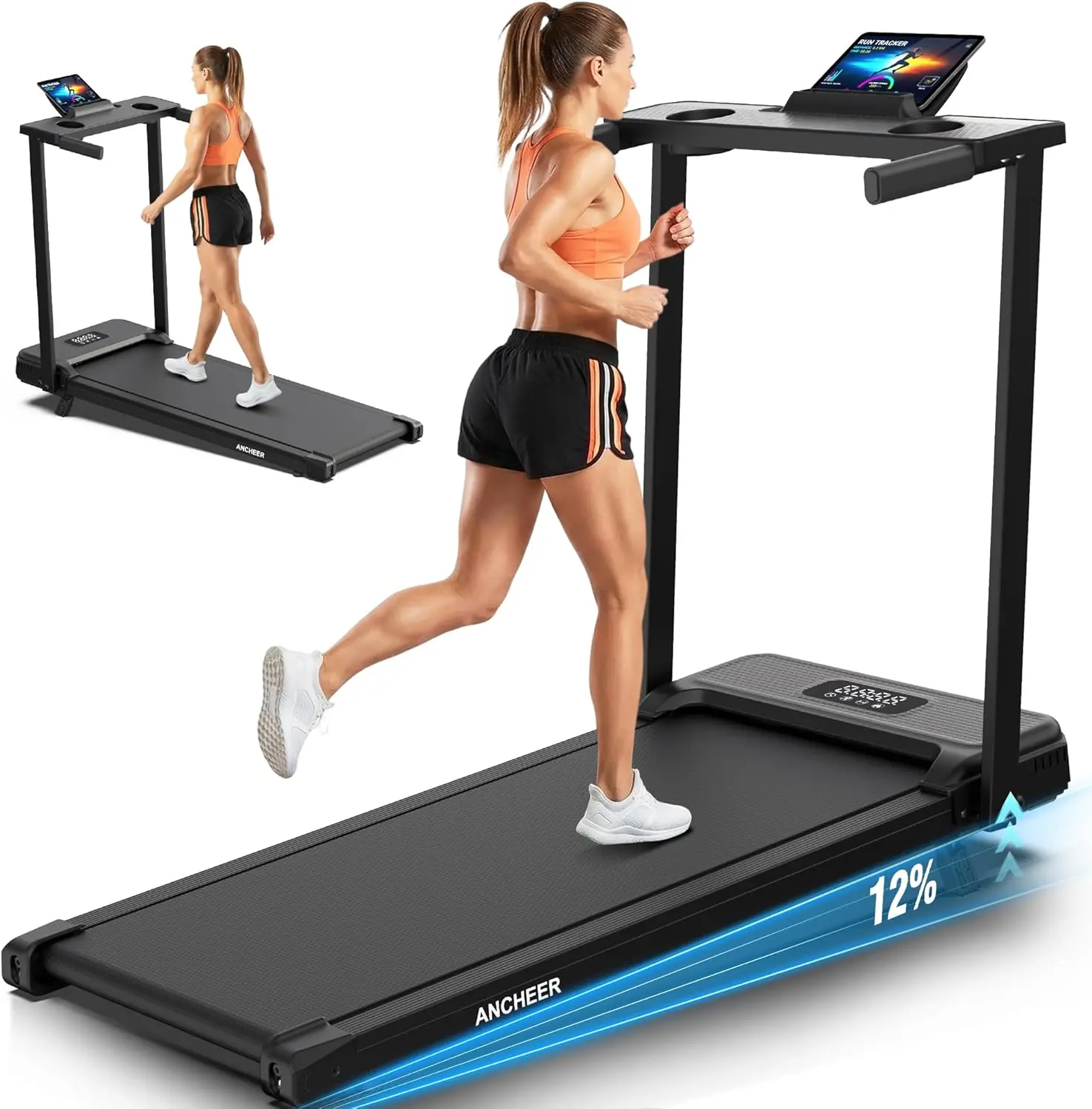 47"D x 22"W x 5"H FUNMILY 12% Incline Walking Pad Treadmill w/ Handle Bar, Remote Control and LED Display