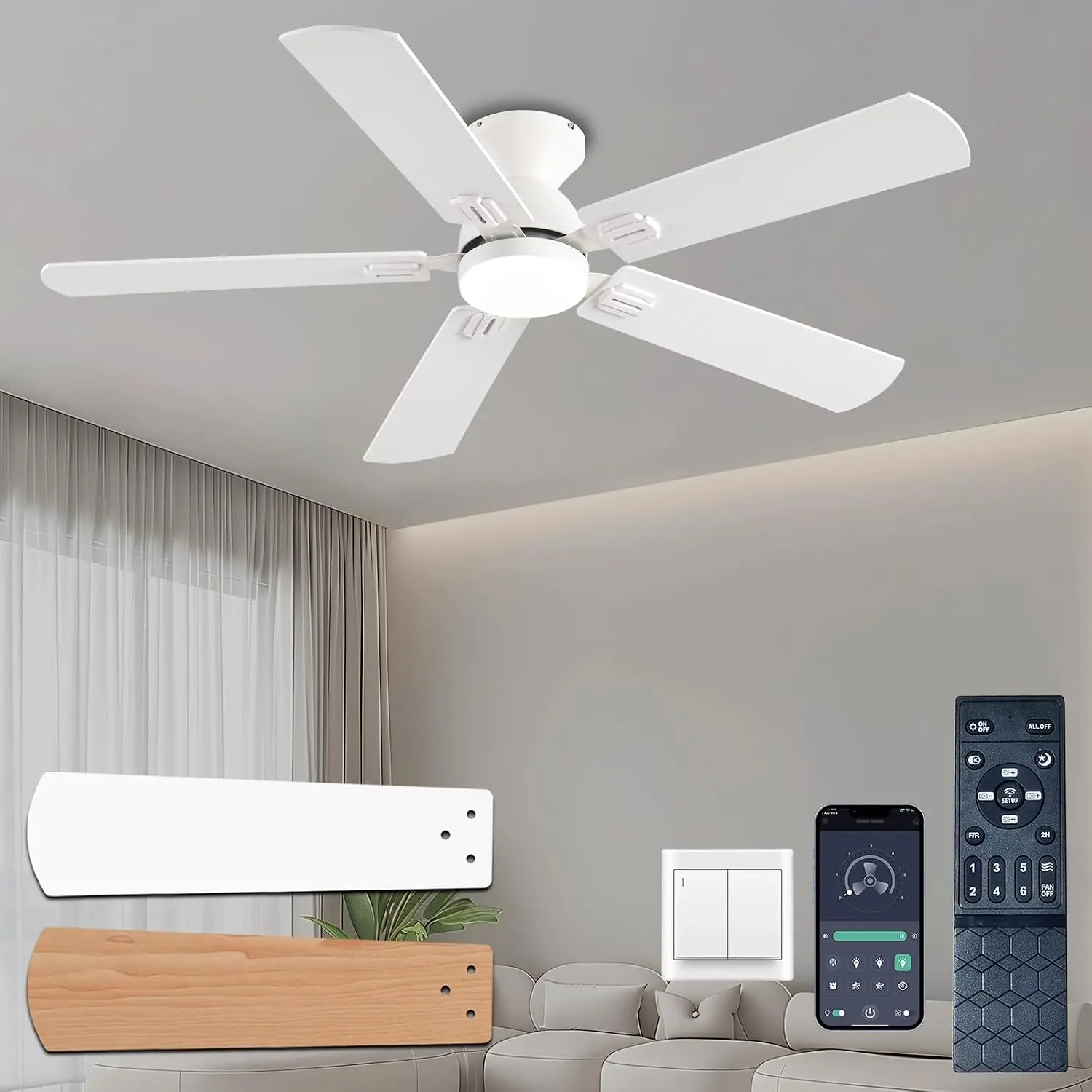 TCL 52" White Low Profile Ceiling Fan with Light & Remote