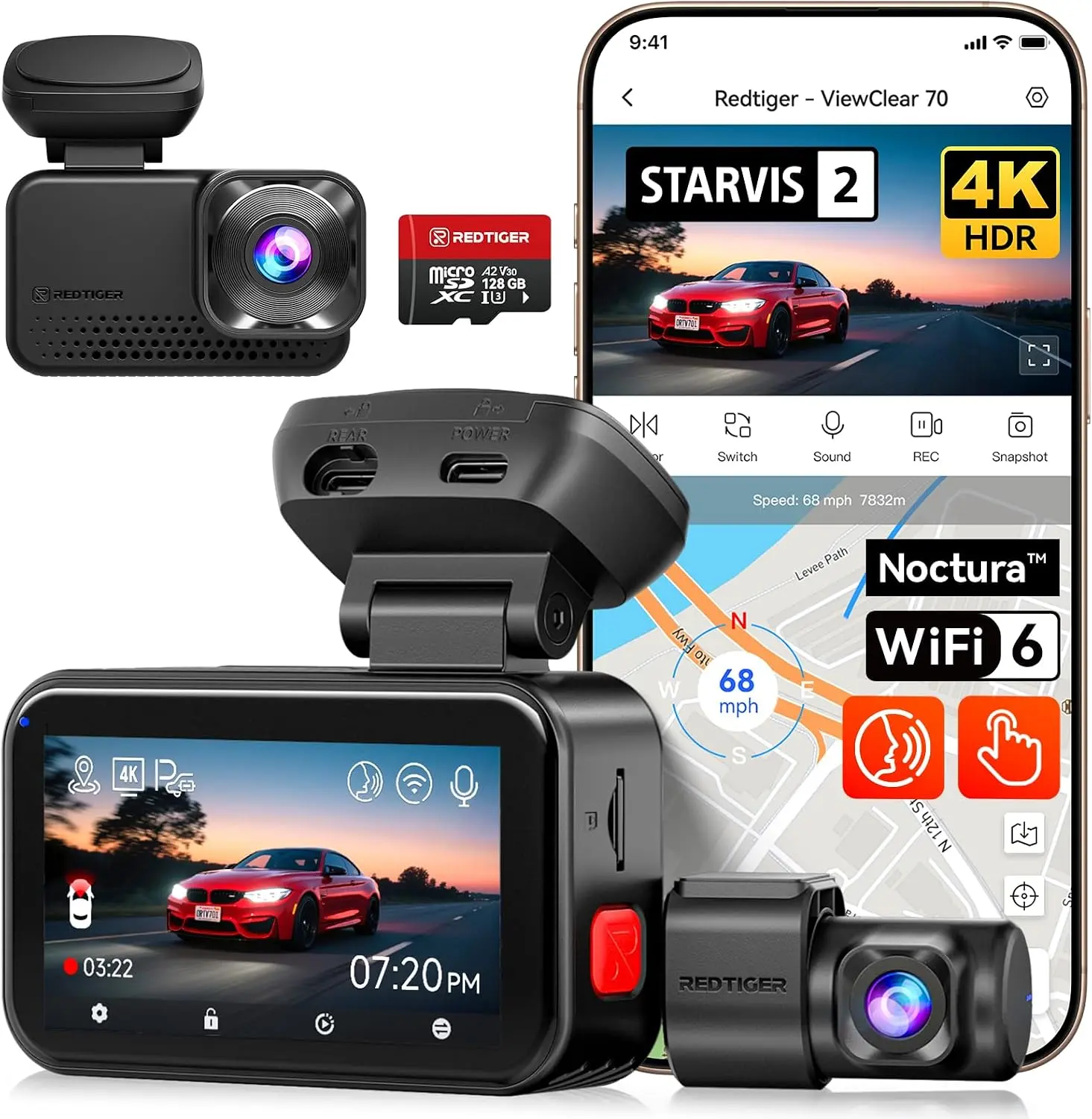 RedTiger VC70 4K+2.5K Dual HDR Starvis 2 Dash Cam w/ 128GB microSDXC Card