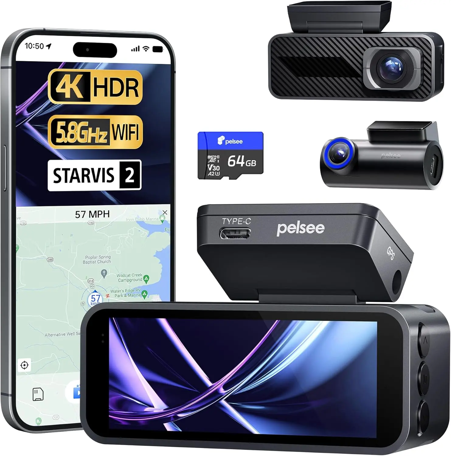 Pelsee P1 Pro 4K Front & 1080p Rear Dash Cam w/ STARVIS 2 Sensor