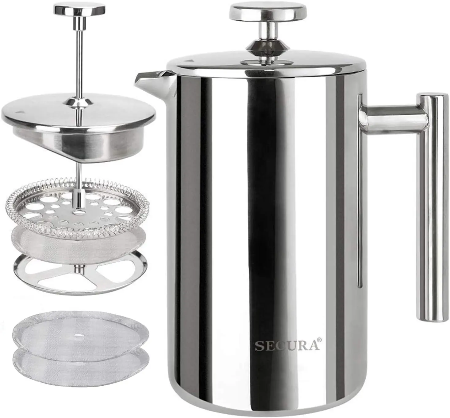Secura French Press Coffee Maker, 304 Grade Stainless Steel Insulated Coffee Press, 17oz 0.5 Litre, Silver