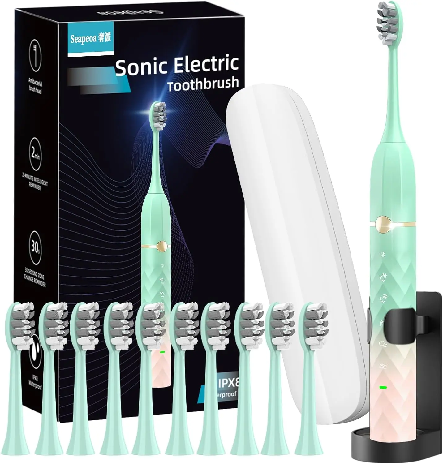 Sonic Electric Toothbrush Set w/ 10 Brush Heads & Travel Case