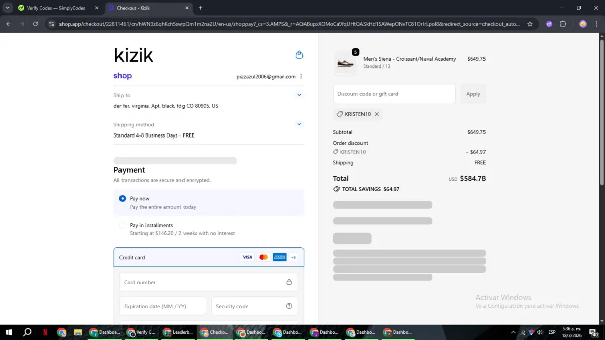 Kristen10 coupon verification screenshot