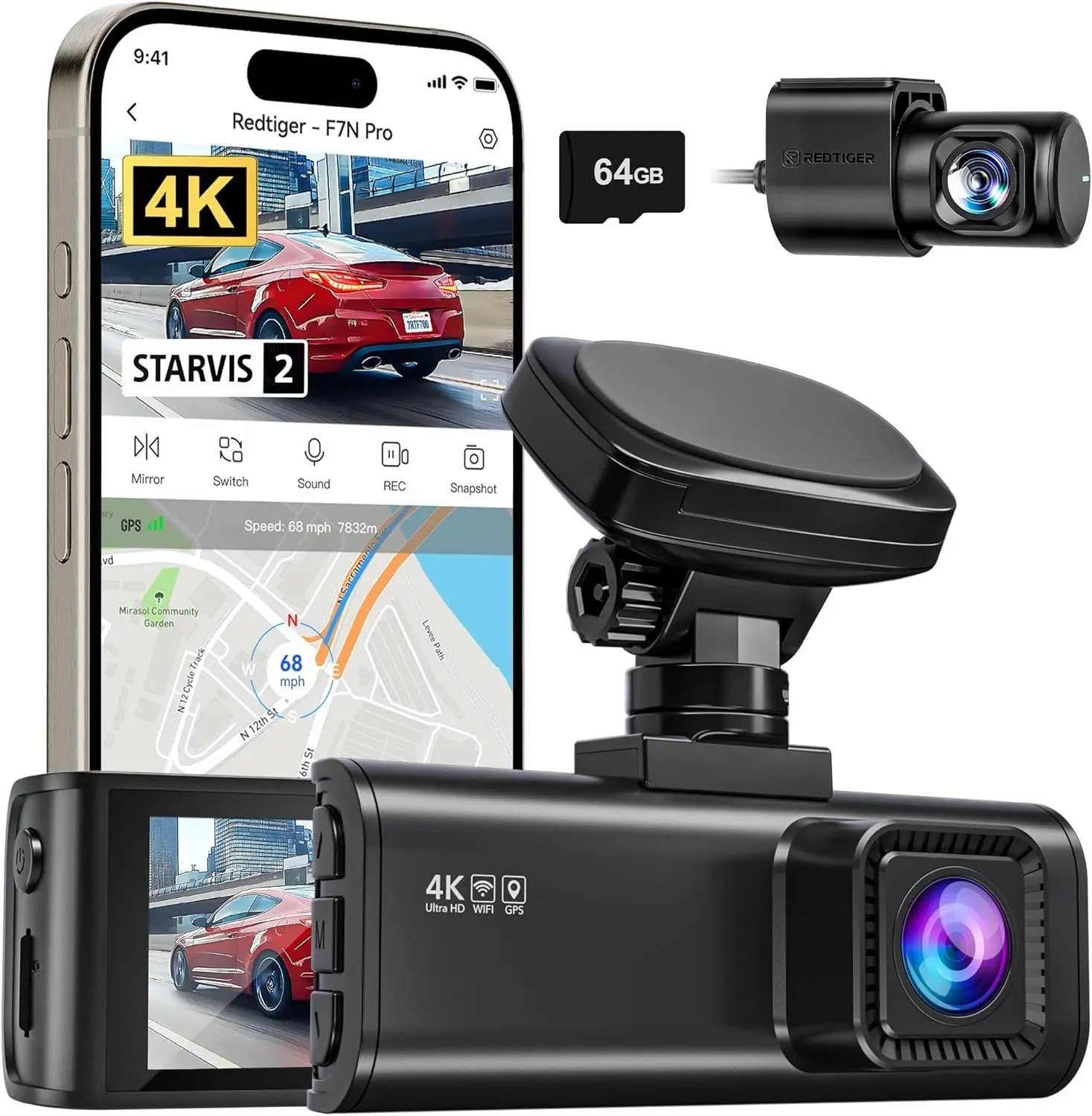 REDTIGER F7N Pro 4K Front / 1080P Rear Dash Cam w/ 64GB Memory Card