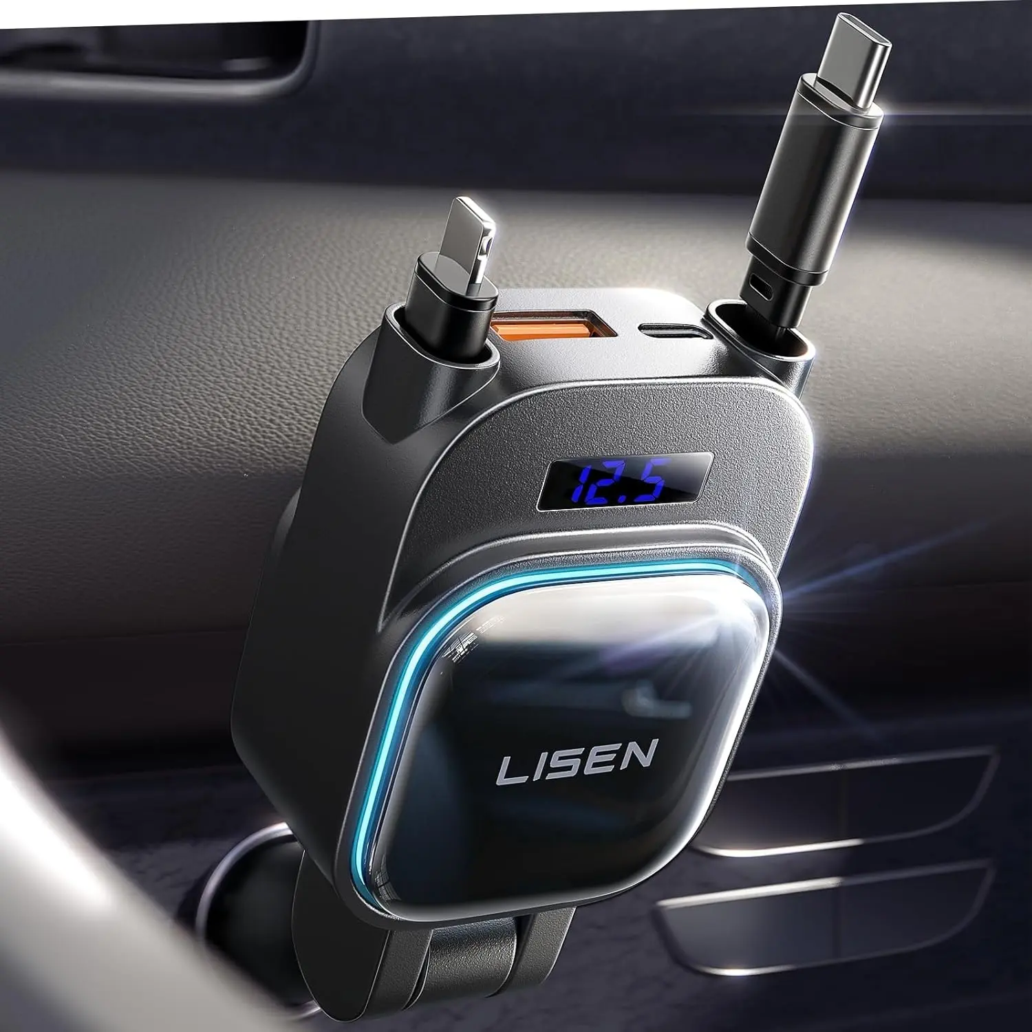 LISEN 4-in-1 Up to 96W Car Charger w/ Retractable USB-C + L Cable